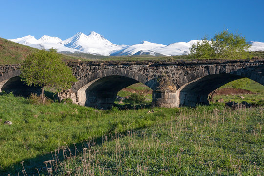 Snow-capped Aragats mountain and ancient bridge in green