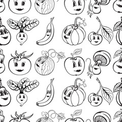 Set of cartoon funny vegetables and fruit black and white