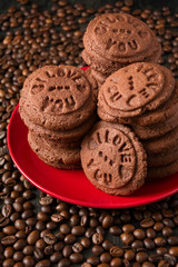 Homemade chocolate cookies on the coffee beans