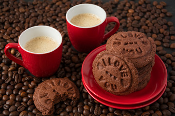 Homemade chocolate cookies on the coffee beans