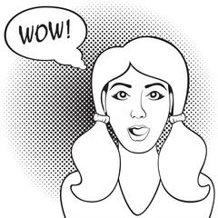 Happy funny young astonished cartoon woman.