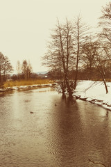 Winter landscape with river and ducks old-style photography