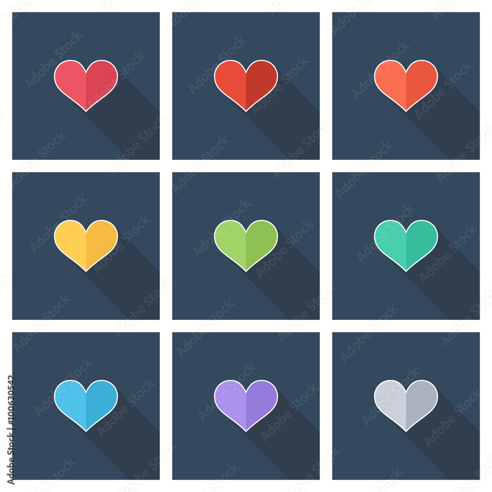 Poster set of heart icons with long shadow. heart sign symbols. flat color vector illustration.