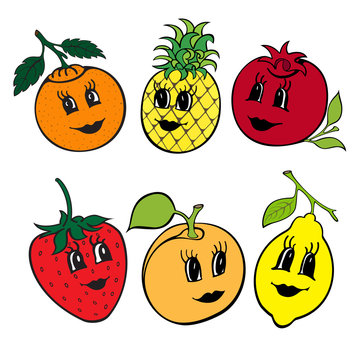 Set of 6 funny cartoon fruit isolated on a white background