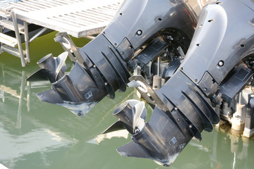 Close up of an outboard engine propeller.