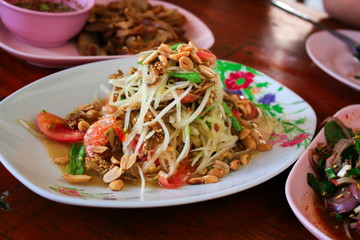 Green papaya salad is a spicy salad made from shredded unripe papaya.Locally known in Thailand as som tam