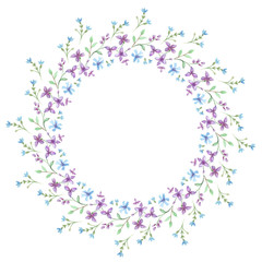 Floral watercolor Frame. Cute retro flowers arranged a shape of the wreath perfect for wedding invitations and birthday cards
