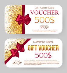 Fototapeta na wymiar Gift voucher template. Golden design for gift certificate coupon. Golden dust. 500$ off. Card and envelope. Vector illustration