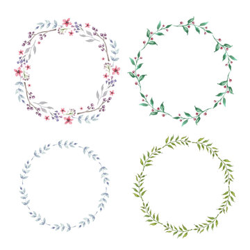 Floral Frame. Set of cute watercolor flowers. Cute retro flowers arranged a shape of the wreath for wedding invitations and birthday cards
