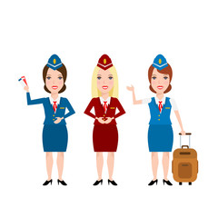 stewardess in uniform set.stewardess with ticket.stewardess with luggage. isolated on white background