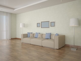 The spacious living room with a large sofa.