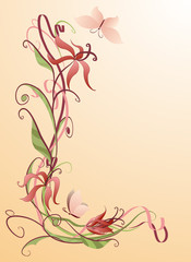 Three pink lilies and butterflies on a pale pink background.