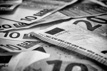 Heap of Euro banknotes. Black and white.