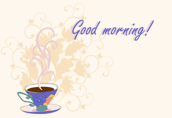 Background with a blue Cup of tea or coffee.