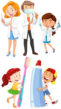 Dentists and children with toothbrush