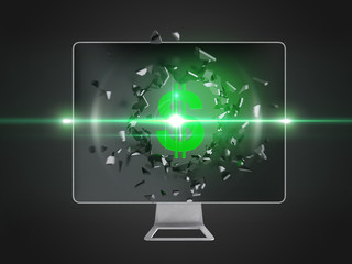 Green dollar sign destroy computer screen.