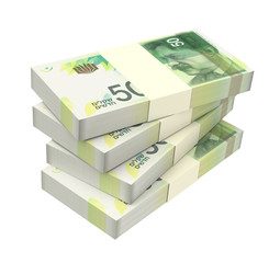 Israeli Shekel bills isolated on white background. Computer generated 3D photo rendering.