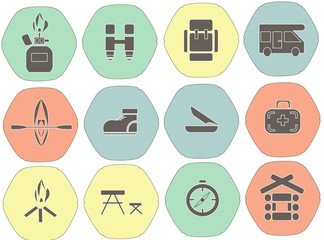 Camping flat hexagonal icons. Black outline, white contours: gas bottle, binoculars, compass, boat, mountain shelter, medical care, backpack, shoes, table, hearth, car. Design element, vector