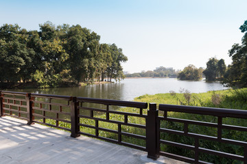 footbridge across the pond in the park