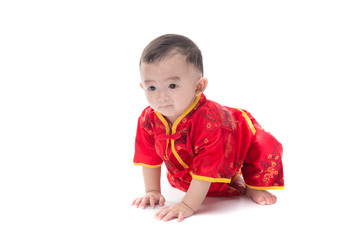 Cute Asian baby in traditional Chinese suit Isolated on white