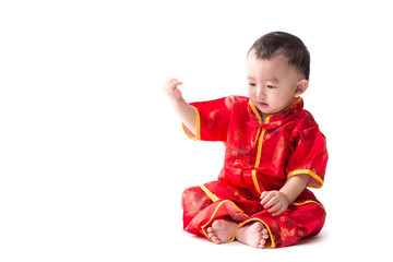 Cute Asian baby in traditional Chinese suit Isolated on white