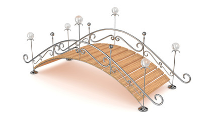 Fantasy bridge with wrought iron railings and wooden planks. 3d render on white background.