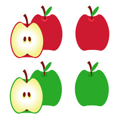 Apples. red apple, green apple, half of apple with leaf. Vector