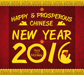 Happy Chinese New Year Red and Golden Poster with Floral Background, Vector Illustration