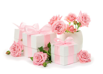 Festive composition of flowers and gifts 