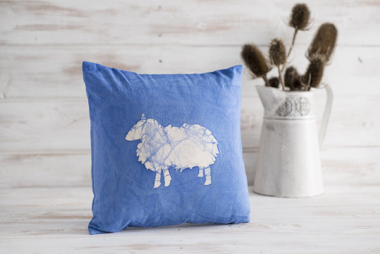 Blue Square Throw Pillow with White Sheep Imprint