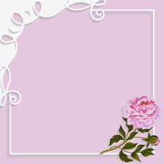 Vintage frame with paper swirls and beautiful peony .