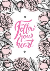 Happy Valentines Day card with hand drawn botanical peony illust