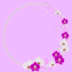 Delicate frame with orchid flowers and pearls on pink background for greeting card or invitation design.