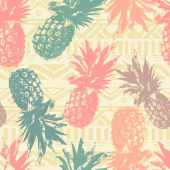 Wall murals Pineapple Seamless pattern with pineapple on tribal background in vector