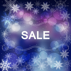 Sale sign on beautiful winter background with snowflakes and circles.