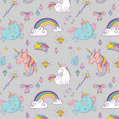 Magic hand drawn pattern - unicorn, rainbow and fairy wings