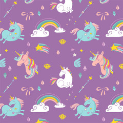 Fototapeta na wymiar Magic hand drawn pattern - unicorn, rainbow and fairy wings