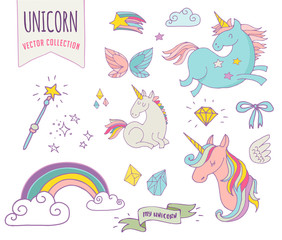 cute magic collection with unicon, rainbow, fairy wings