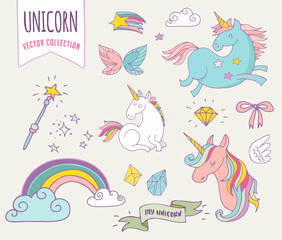 cute magic collection with unicon, rainbow, fairy wings