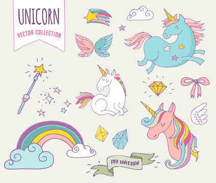 cute magic collection with unicon, rainbow, fairy wings © Marina Zlochin
