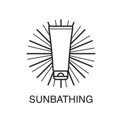 Line art sunbathing illustration with sun cream icon and lights of a sun on background. Summer vacation concept.