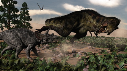 Tyrannosaurus rex roaring at a triceratops - 3D render