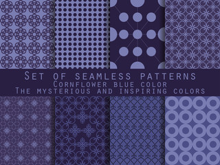 Set of seamless patterns. Geometric seamless pattern. Cornflower blue, navy blue, mysterious and inspiring
