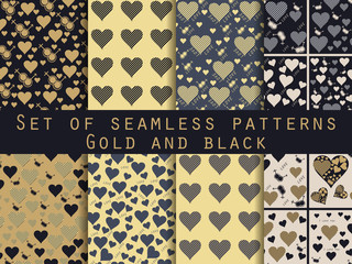 Set of seamless patterns with hearts. Valentines Day. Gold and black.