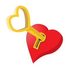 Heart-shaped padlock with key cartoon icon 