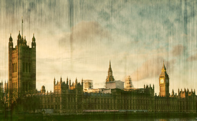 House of Parliament sunset panorama in Westminster in London - v