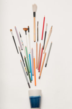 Selection of artists tools on a white background