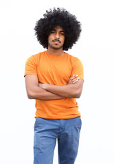 Fototapeta na wymiar Portrait of a cool black guy with afro standing isolated white background