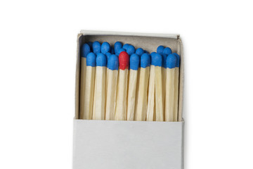 Matchbox with blue and one red matches