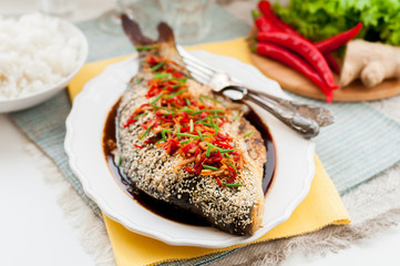 Asian Style Baked Fish With Chili, Ginger and Soy Sauce Dressing